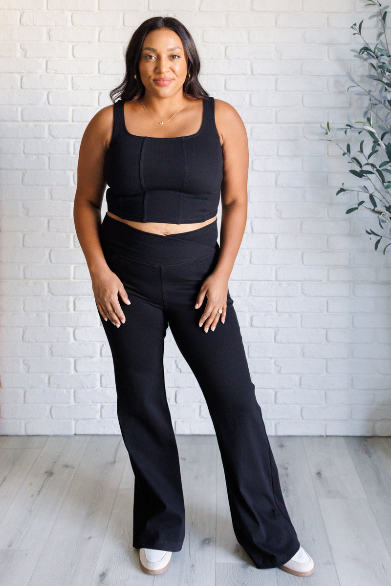 Building Habits Twill Flared Crossover Waist Pant in Black Bottoms   