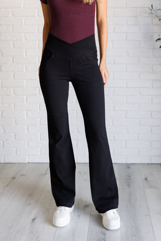 Building Habits Twill Flared Crossover Waist Pant in Black Bottoms   