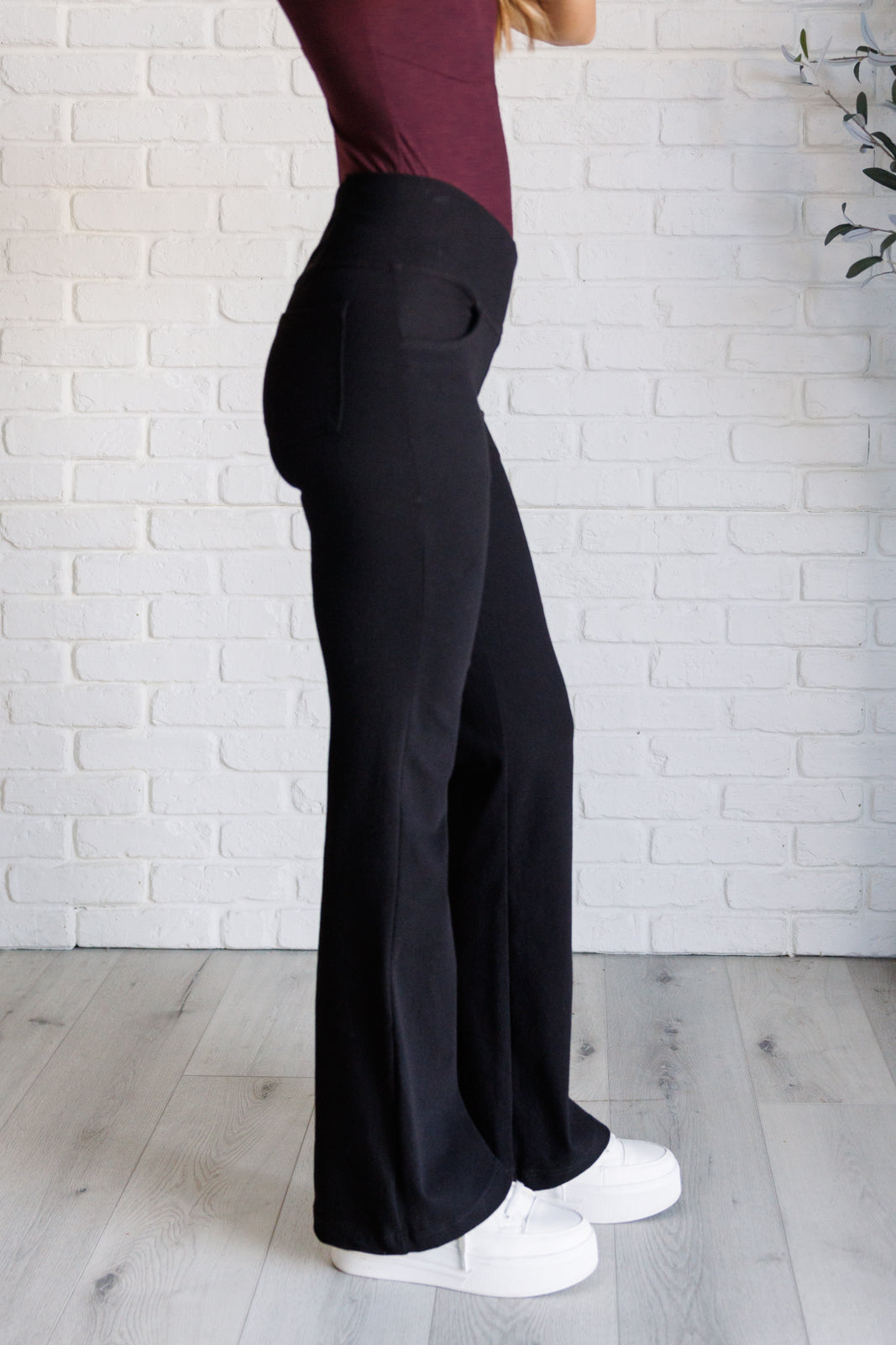 Building Habits Twill Flared Crossover Waist Pant in Black Bottoms   