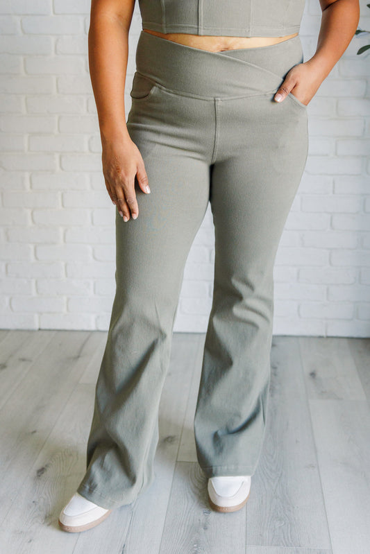 Building Habits Twill Flared Crossover Waist Pant in Dusty Olive Bottoms   