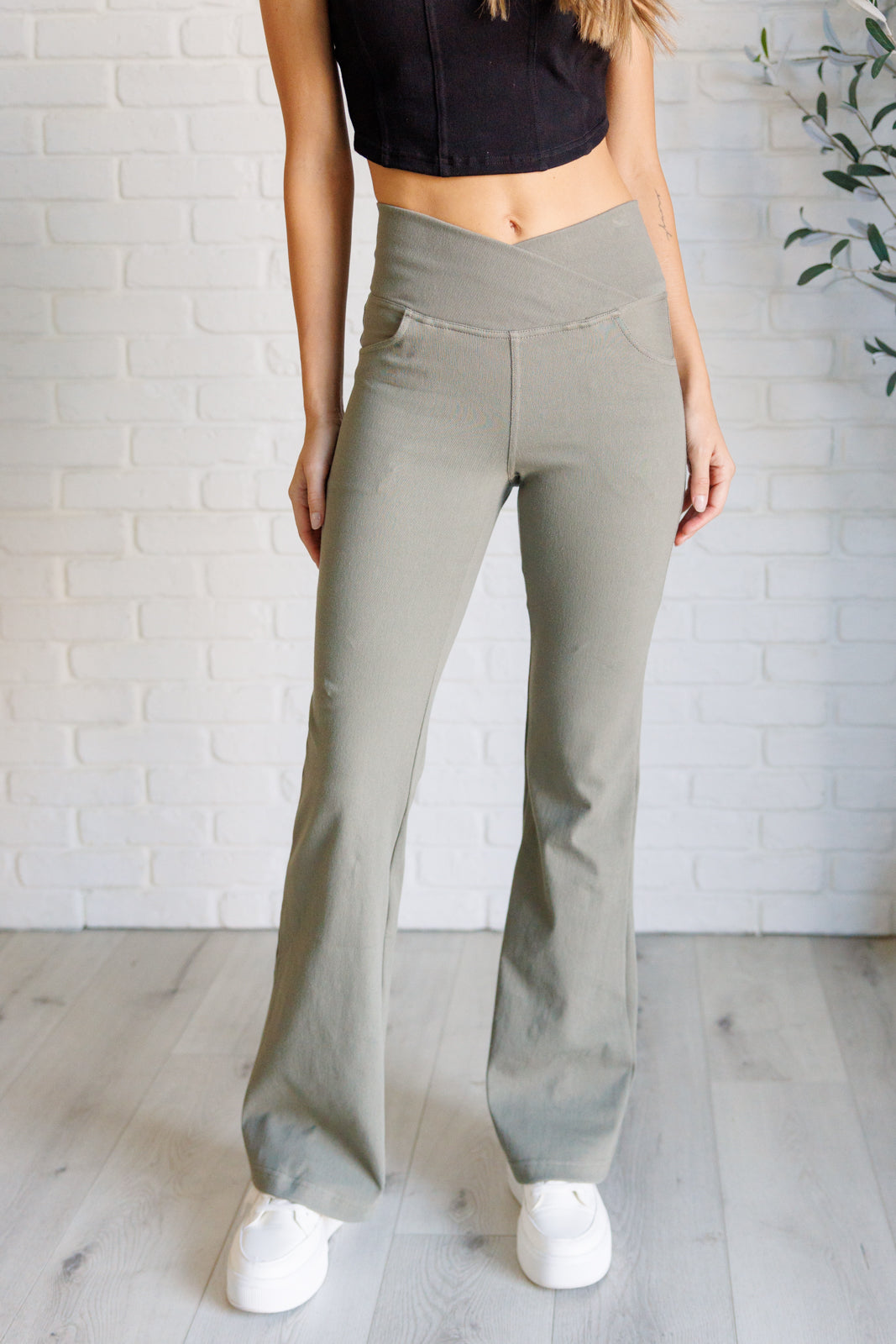 Building Habits Twill Flared Crossover Waist Pant in Dusty Olive Bottoms   