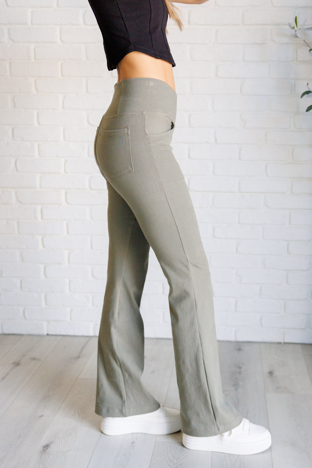 Building Habits Twill Flared Crossover Waist Pant in Dusty Olive Bottoms   