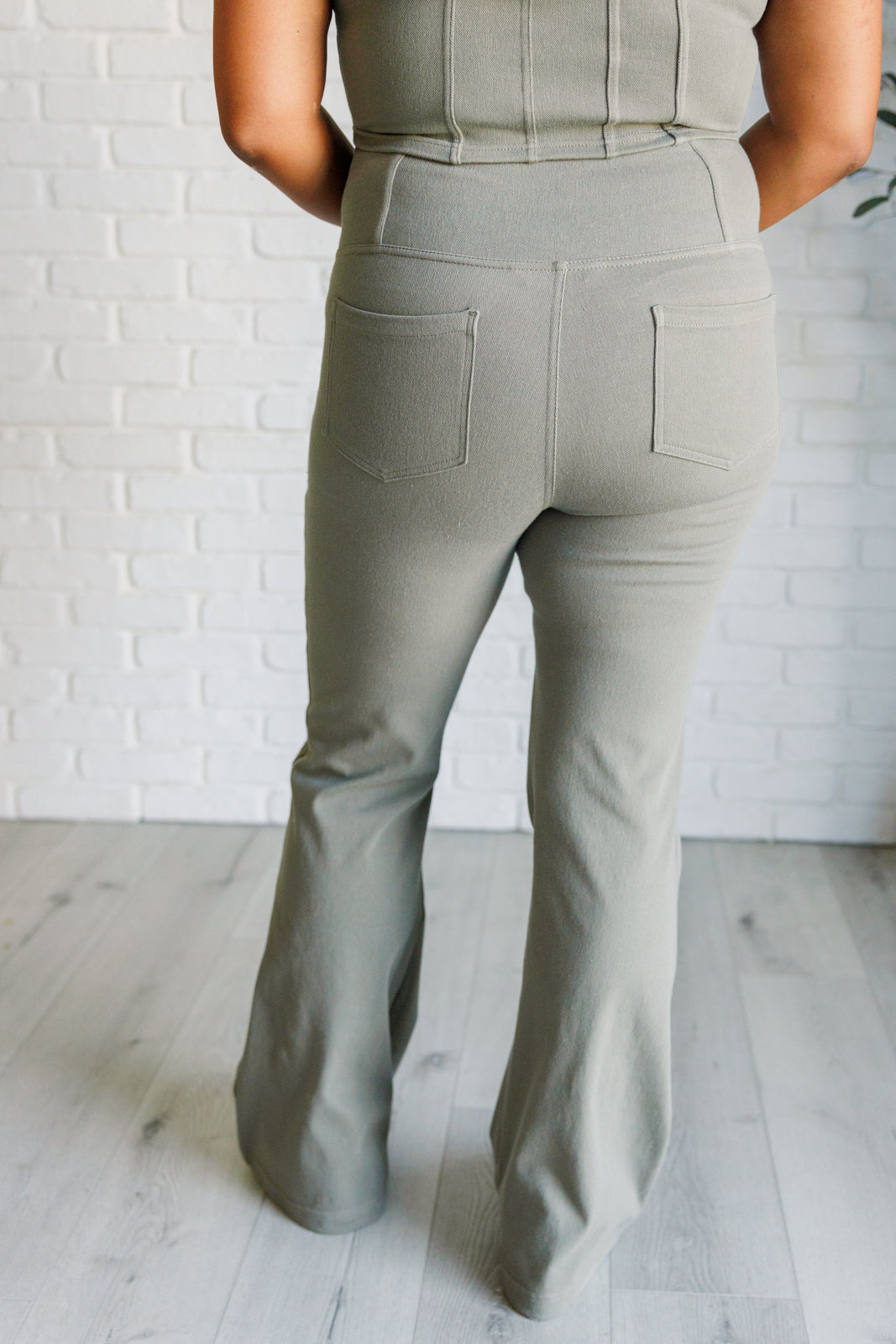 Building Habits Twill Flared Crossover Waist Pant in Dusty Olive Bottoms   