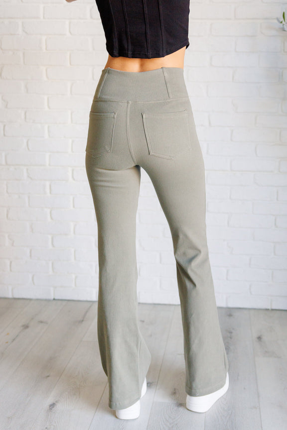 Building Habits Twill Flared Crossover Waist Pant in Dusty Olive Bottoms   