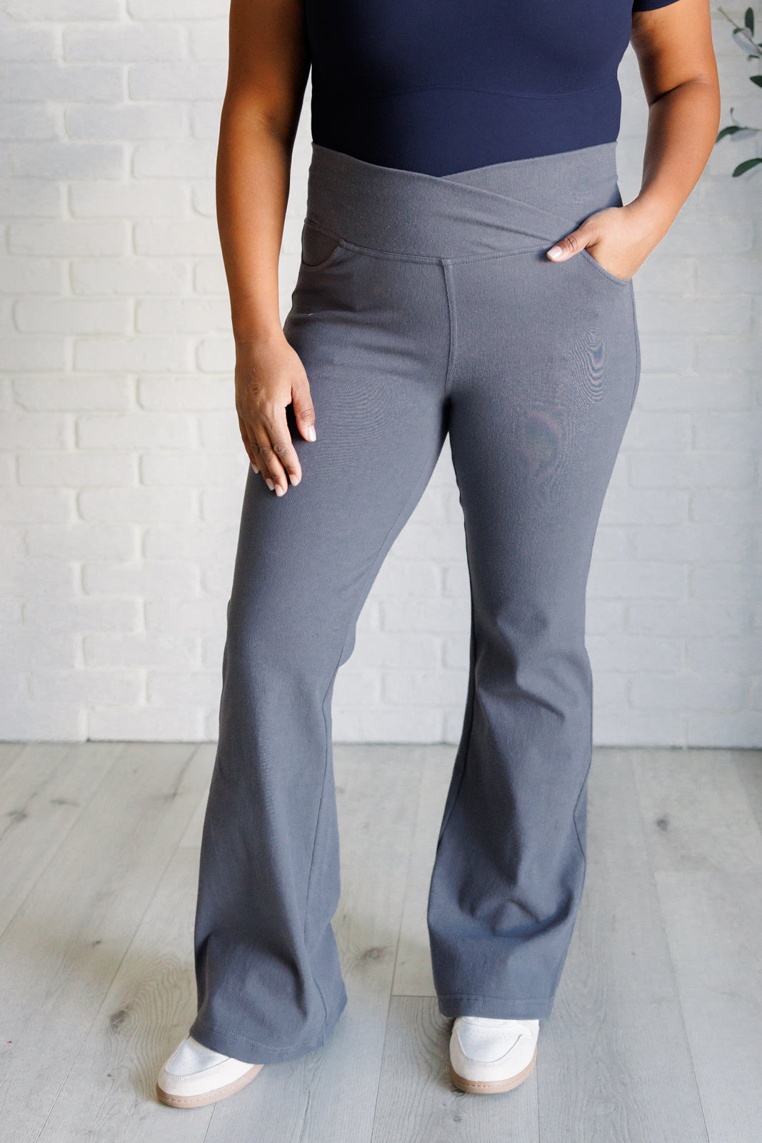 Building Habits Twill Flared Crossover Waist Pant in Titanium Bottoms   