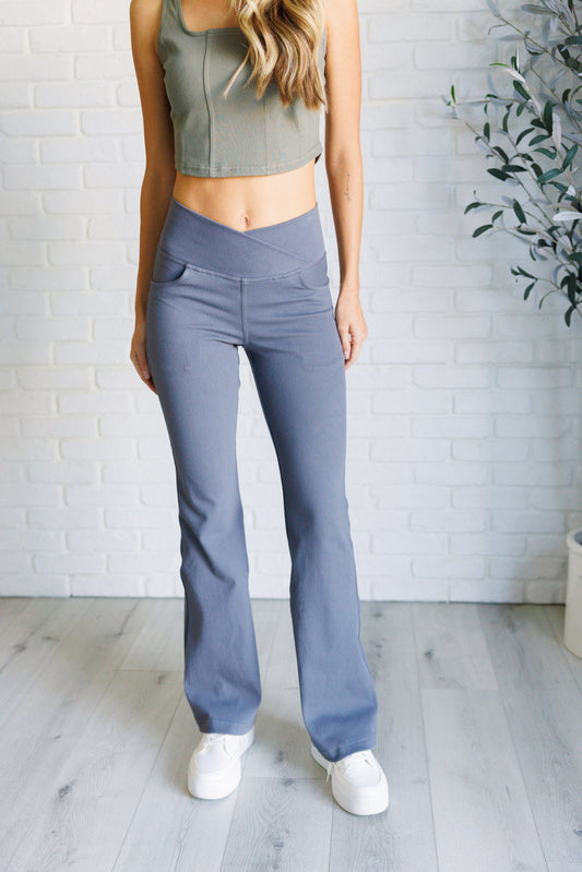 Building Habits Twill Flared Crossover Waist Pant in Titanium Bottoms   