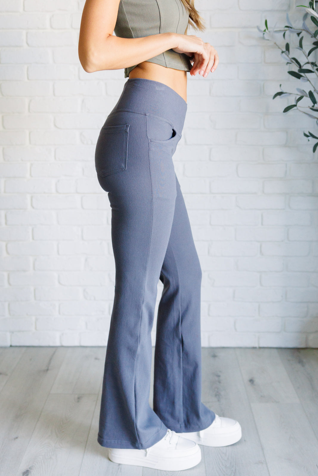 Building Habits Twill Flared Crossover Waist Pant in Titanium Bottoms   