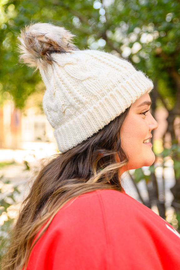 Cable Knit Cuffed Beanie In Ivory Womens