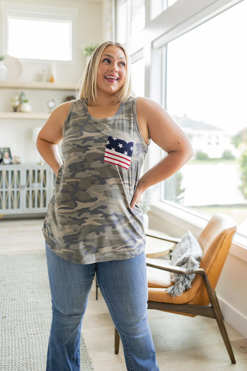 Camouflage Flag Pocket Tank Tops   