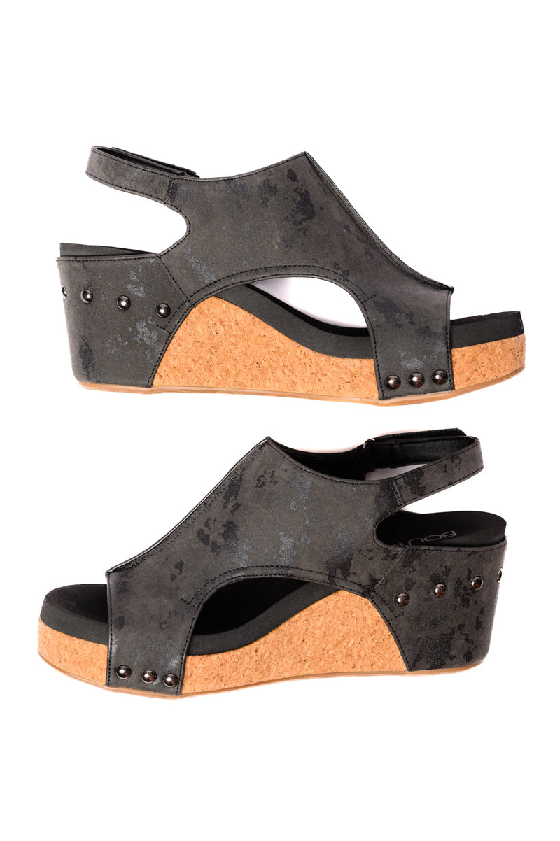 Carley Wedge Sandals in Black Metallic Womens Sandals   