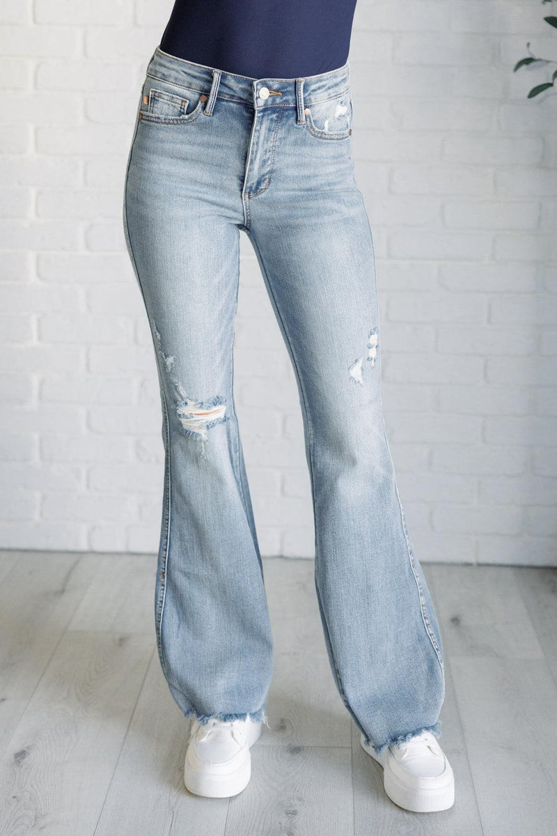 Caroline Mid Rise Control Top Distressed Flare Jeans - Three Mad Hatters Mercantile 