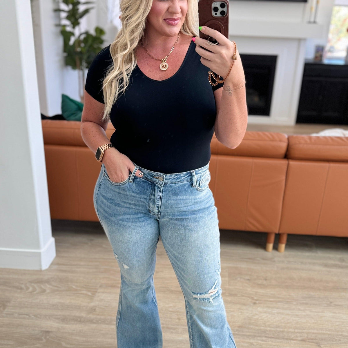 Caroline Mid Rise Control Top Distressed Flare Jeans - Three Mad Hatters Mercantile 