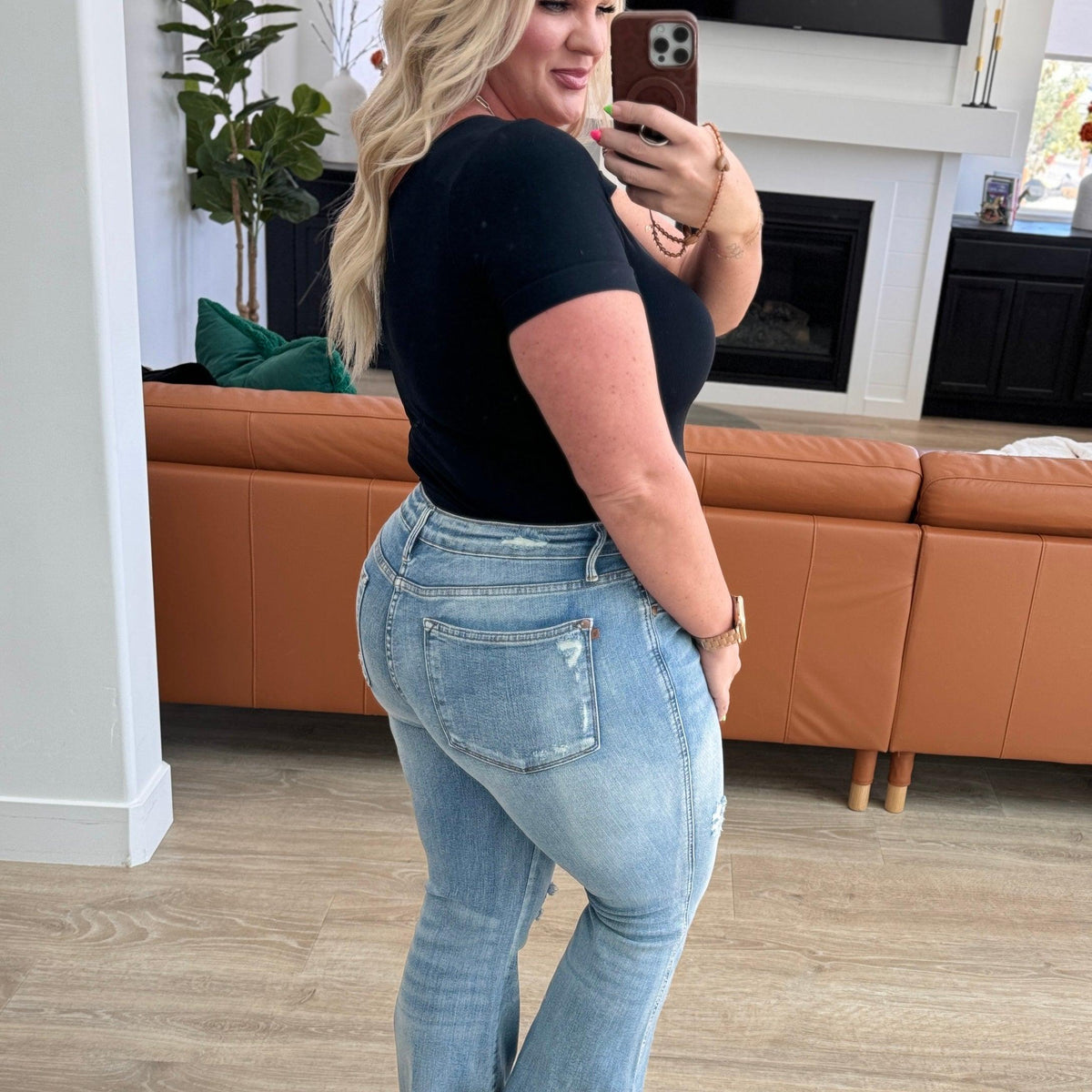 Caroline Mid Rise Control Top Distressed Flare Jeans - Three Mad Hatters Mercantile 