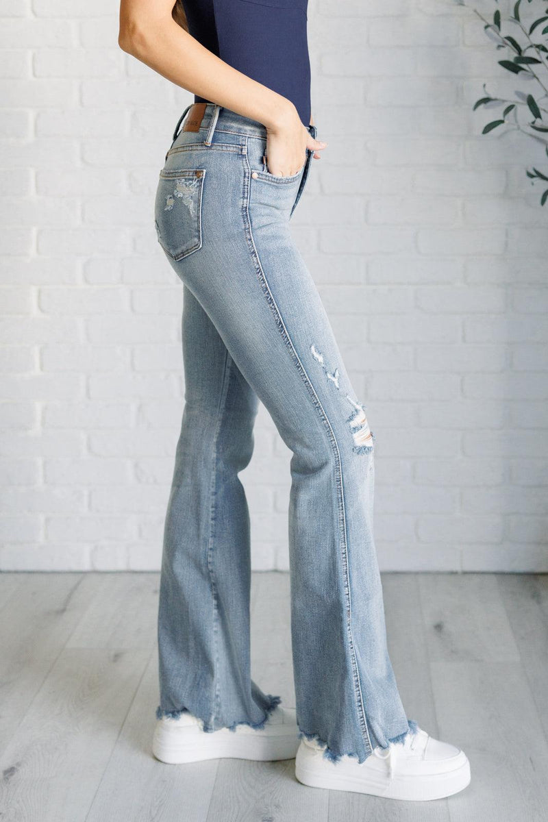 Caroline Mid Rise Control Top Distressed Flare Jeans - Three Mad Hatters Mercantile 