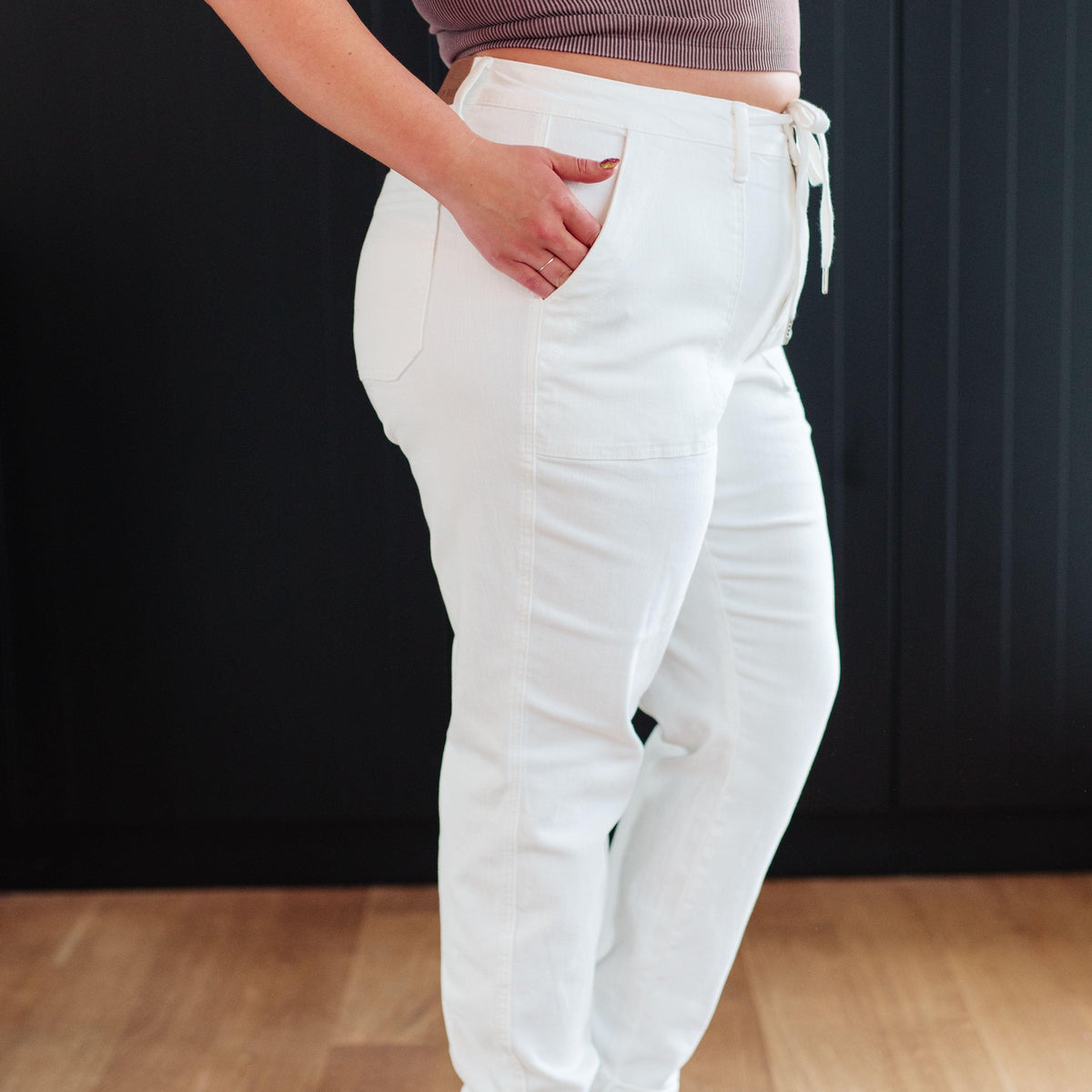 Charlene High Rise Jogger in Ecru - Three Mad Hatters Mercantile 