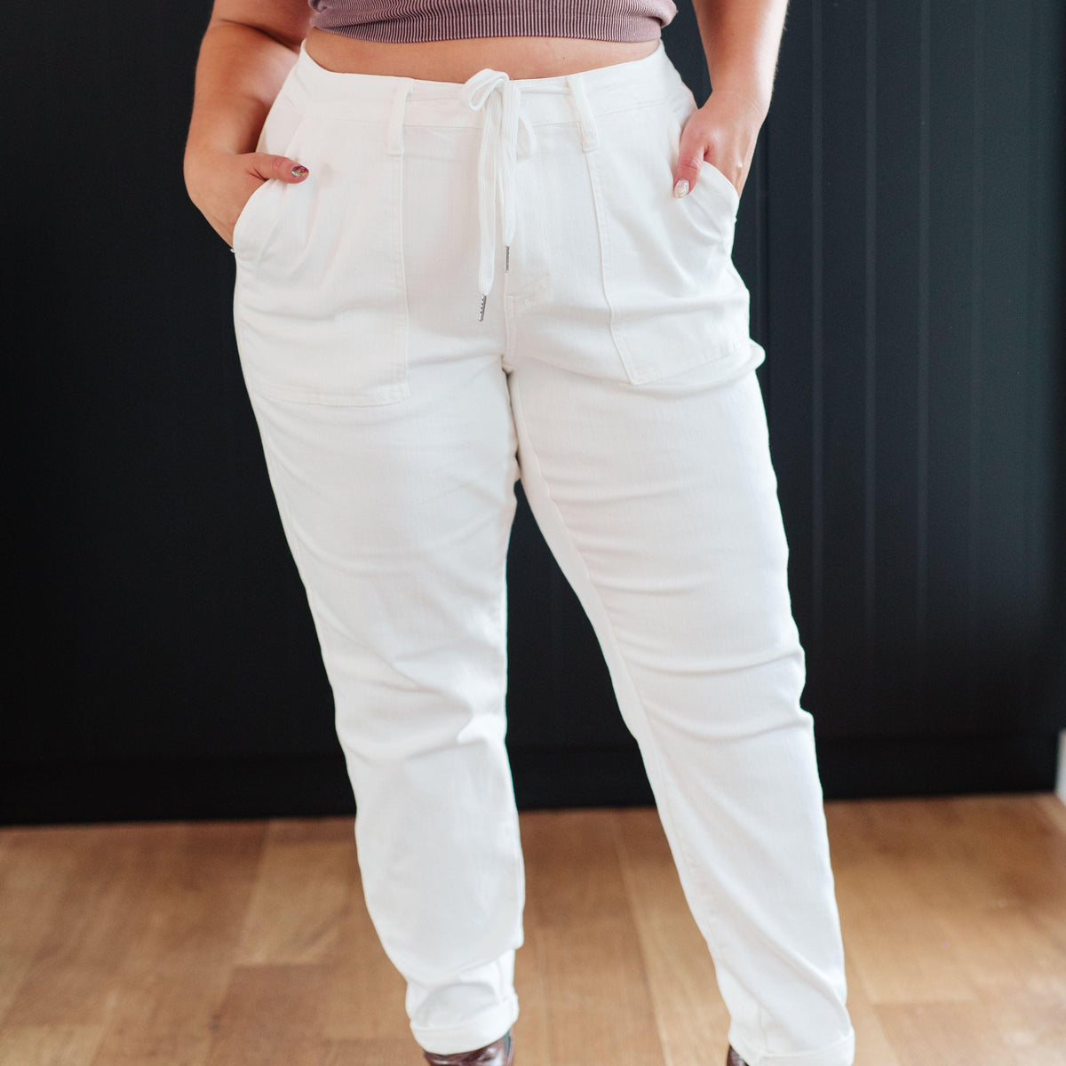 Charlene High Rise Jogger in Ecru - Three Mad Hatters Mercantile 