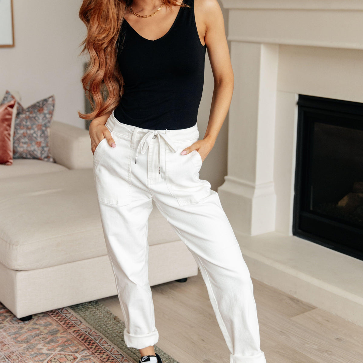 Charlene High Rise Jogger in Ecru - Three Mad Hatters Mercantile 