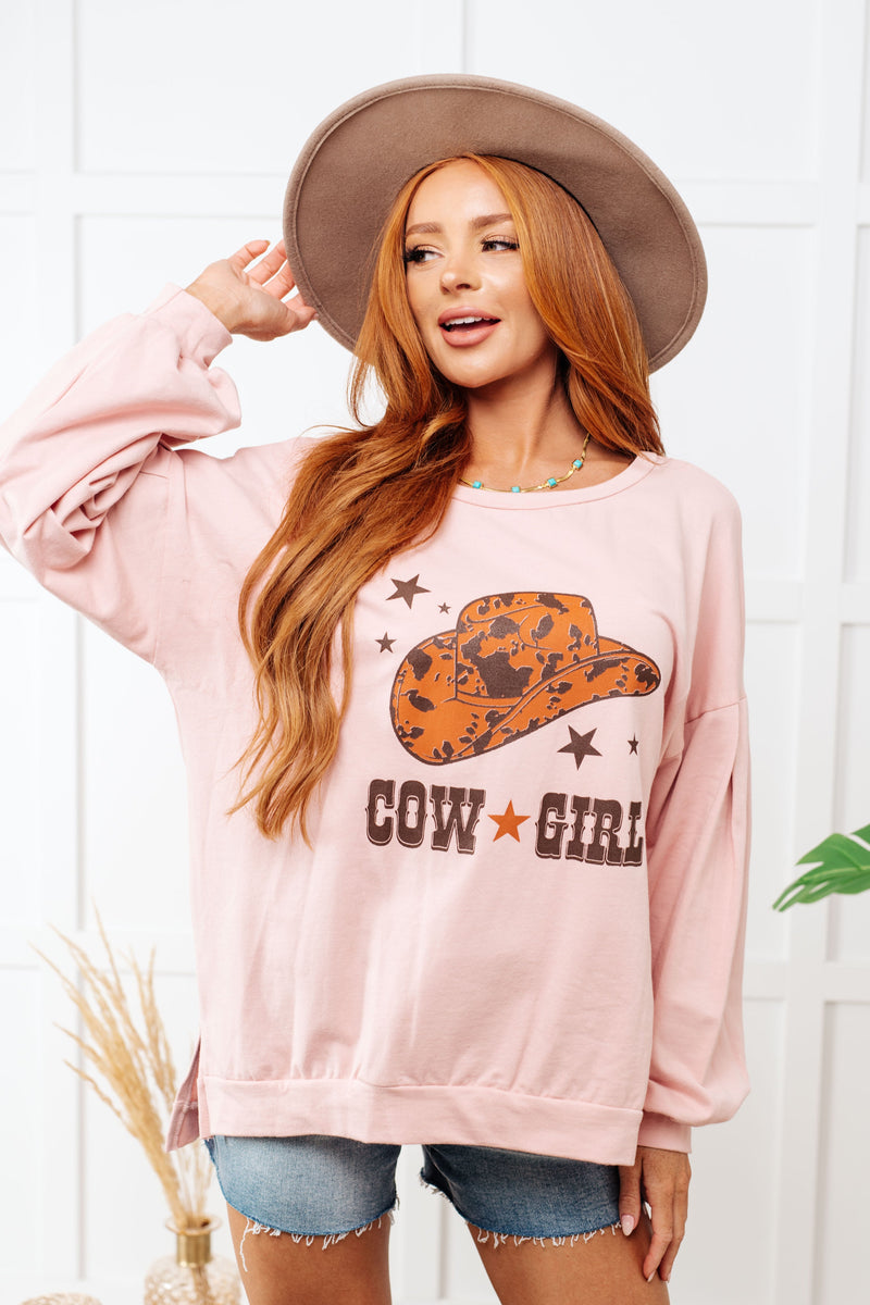 Cow Girl Graphic Pullover in Dusty Pink Womens Long Sleeve Tops   