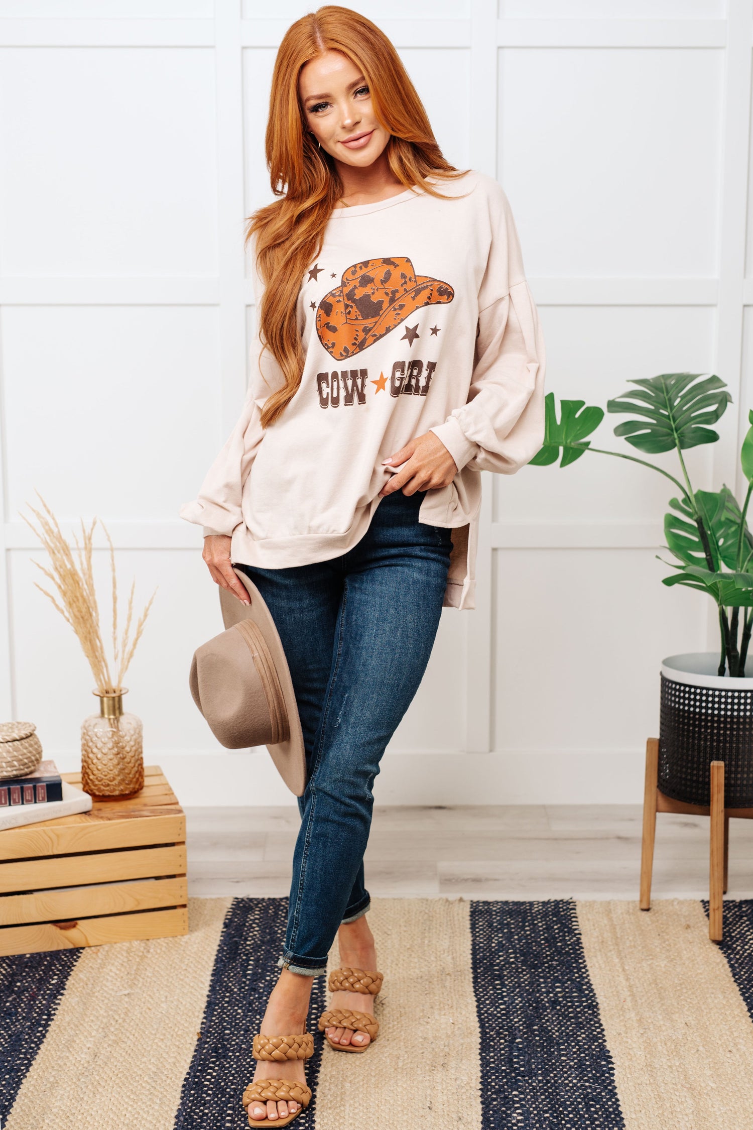 Cow Girl Graphic Pullover in Stone Womens Long Sleeve Tops   