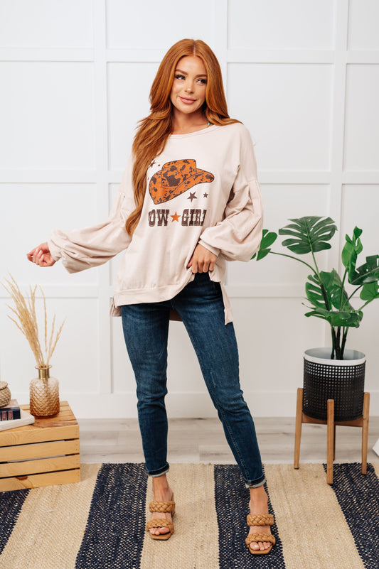 Cow Girl Graphic Pullover in Stone Womens Long Sleeve Tops   