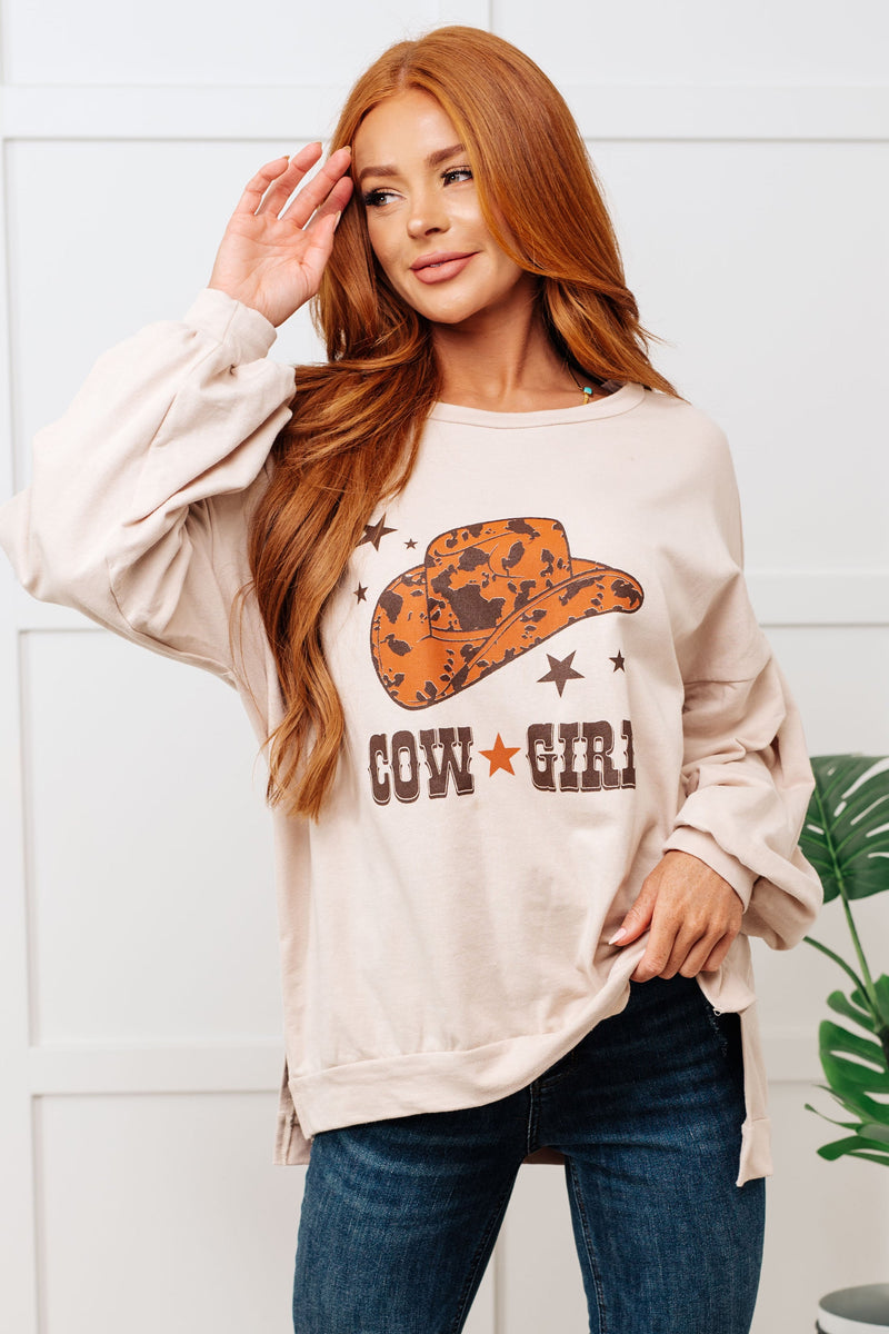 Cow Girl Graphic Pullover in Stone Womens Long Sleeve Tops   