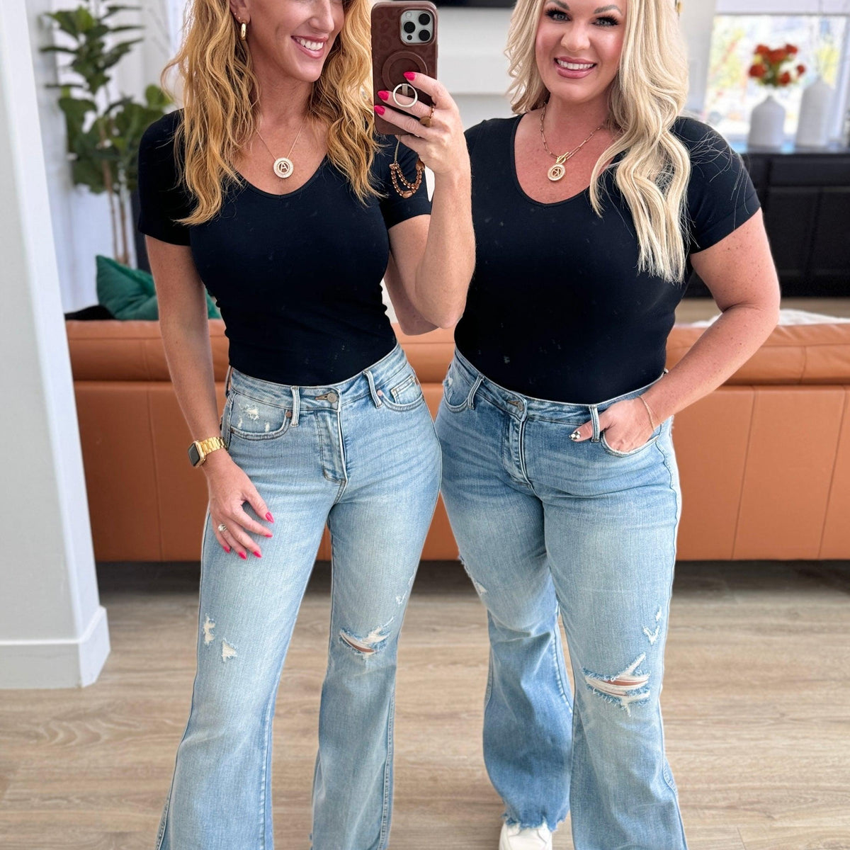 Caroline Mid Rise Control Top Distressed Flare Jeans - Three Mad Hatters Mercantile 