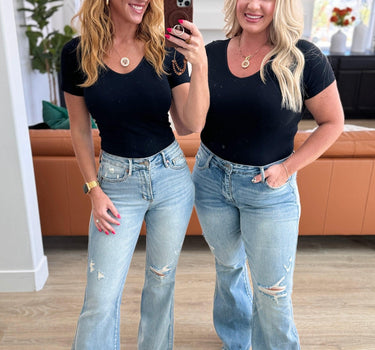 Caroline Mid Rise Control Top Distressed Flare Jeans