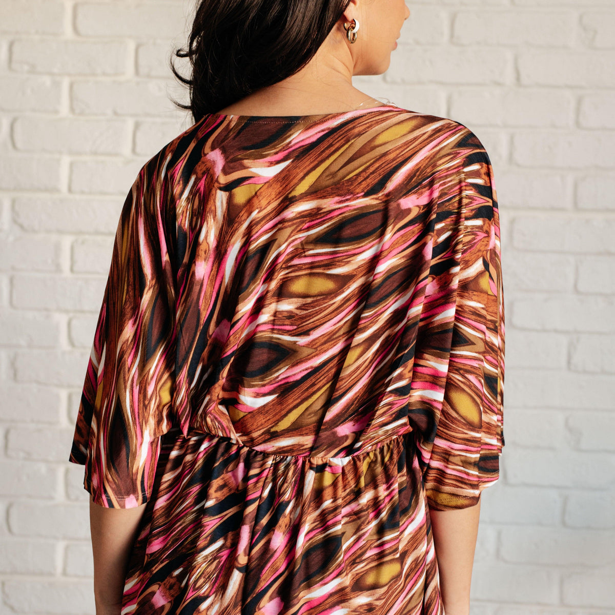 Dearest Dreamer Peplum Top in Abstract Mocha - Three Mad Hatters Mercantile 