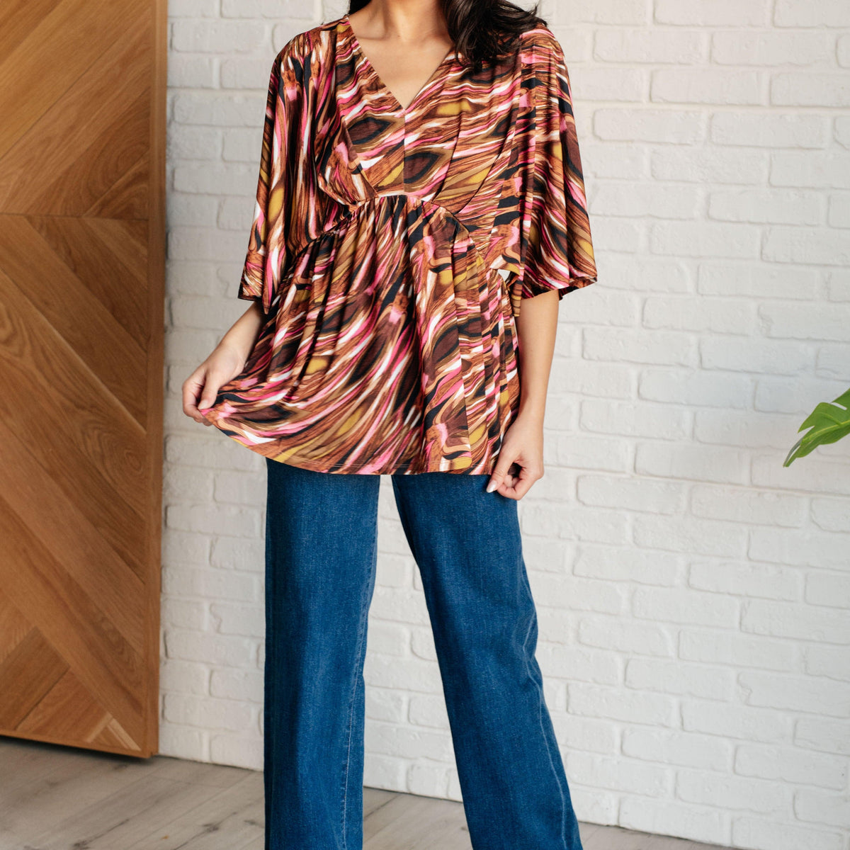 Dearest Dreamer Peplum Top in Abstract Mocha - Three Mad Hatters Mercantile 