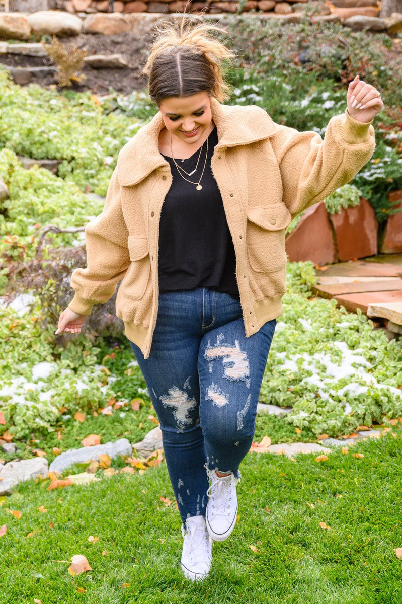 Don't Stress Oversized Collar Sherpa Jacket In Taupe - Three Mad Hatters Mercantile 