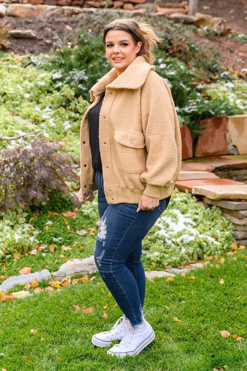 Don't Stress Oversized Collar Sherpa Jacket In Taupe - Three Mad Hatters Mercantile 