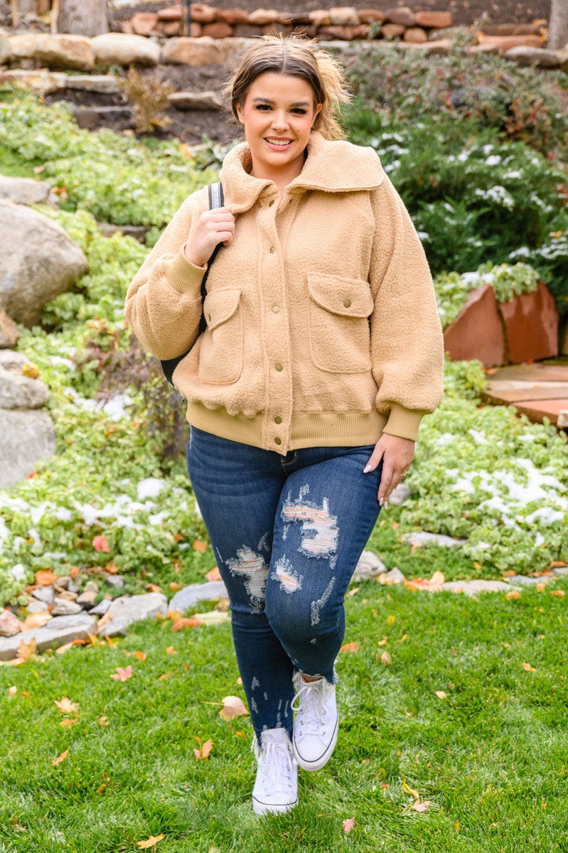 Don't Stress Oversized Collar Sherpa Jacket In Taupe - Three Mad Hatters Mercantile 