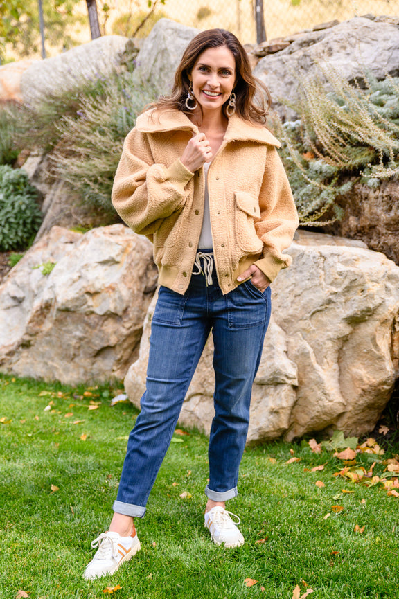 Don't Stress Oversized Collar Sherpa Jacket In Taupe Womens