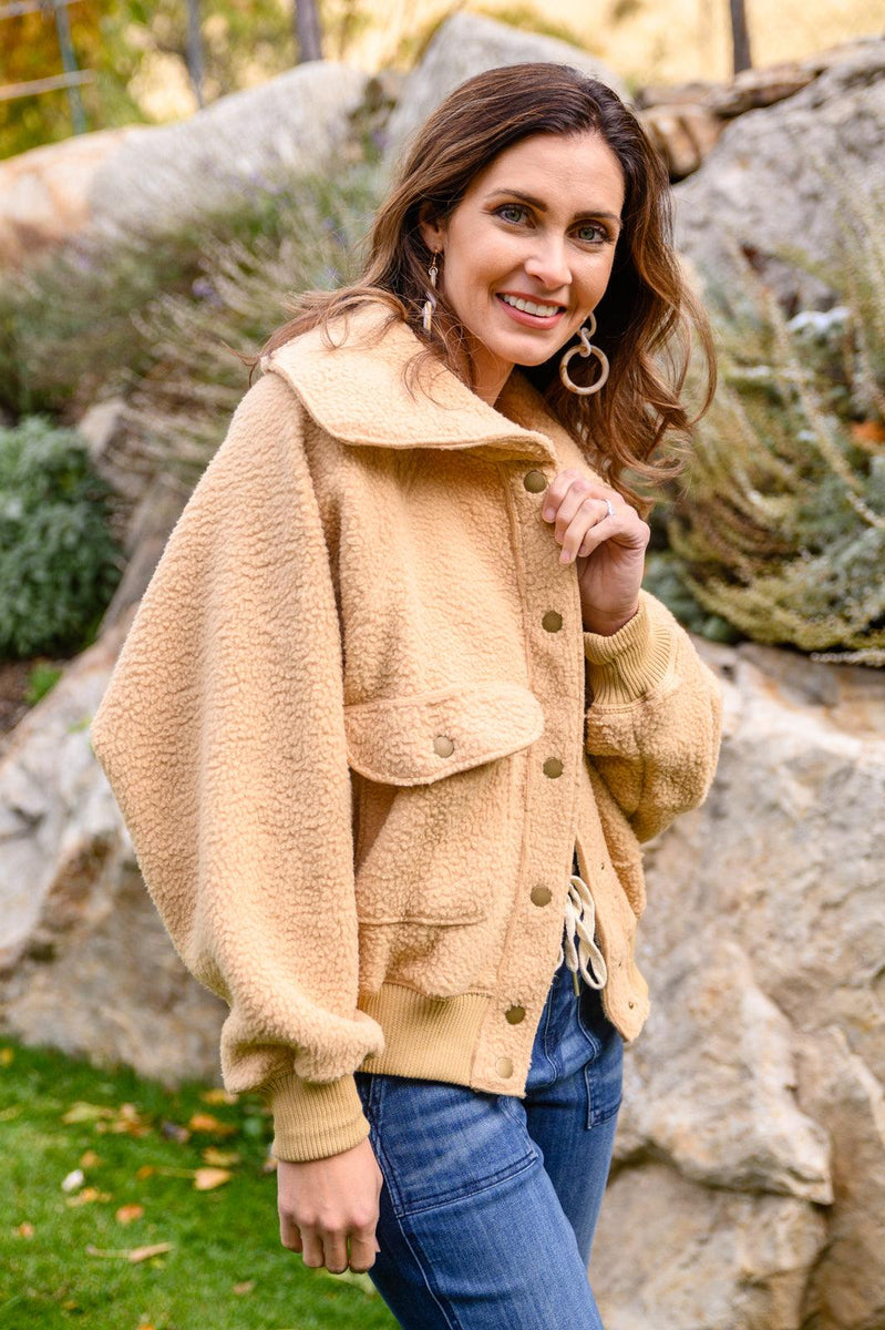 Don't Stress Oversized Collar Sherpa Jacket In Taupe - Three Mad Hatters Mercantile 