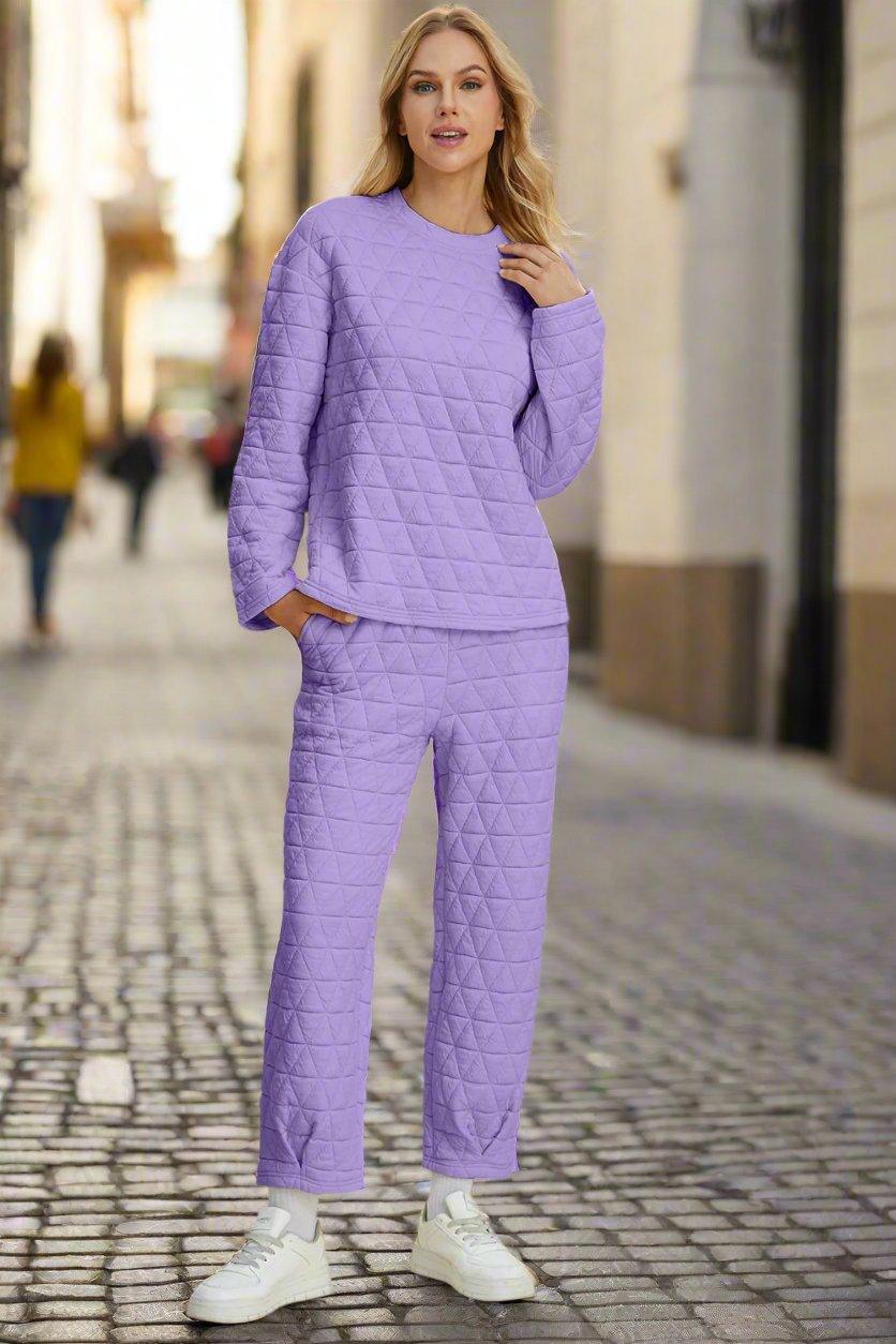 Double Take Textured Long Sleeve Top and Pants Set - Three Mad Hatters Mercantile 