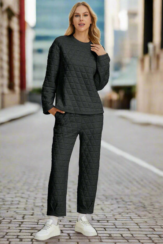 Double Take Textured Long Sleeve Top and Pants Set Lounge Set