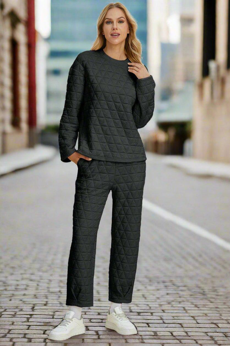 Double Take Textured Long Sleeve Top and Pants Set - Three Mad Hatters Mercantile 