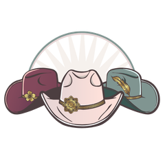 Three Mad Hatters Mercantile Footer Logo Illustration of a pink hat, purple hat, and green hat on a white background