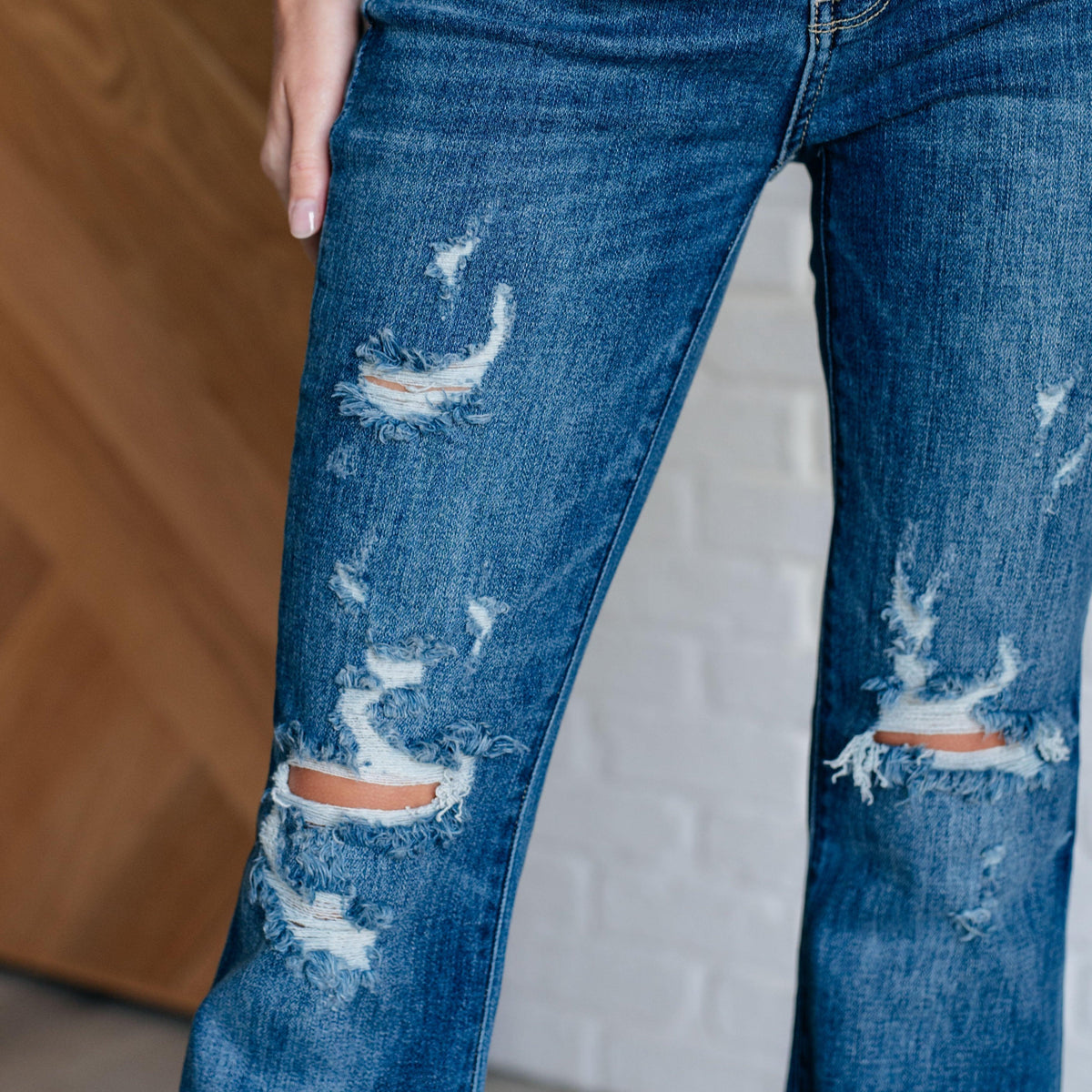 Gabriella Mid Rise Distressed Button Fly Flare - Three Mad Hatters Mercantile 