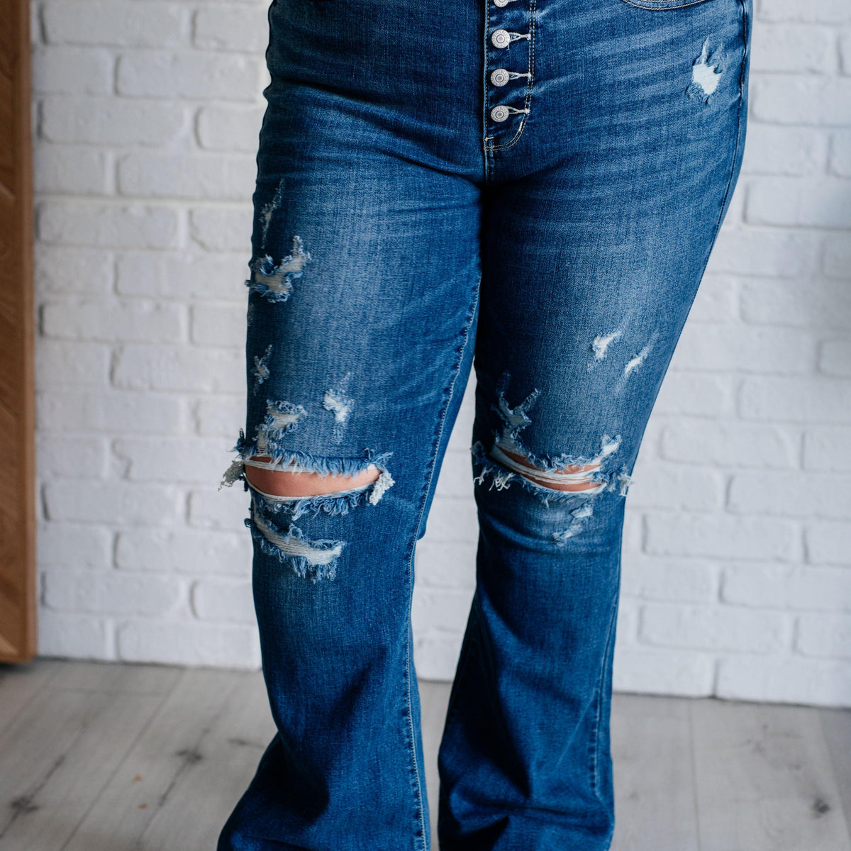 Gabriella Mid Rise Distressed Button Fly Flare - Three Mad Hatters Mercantile 