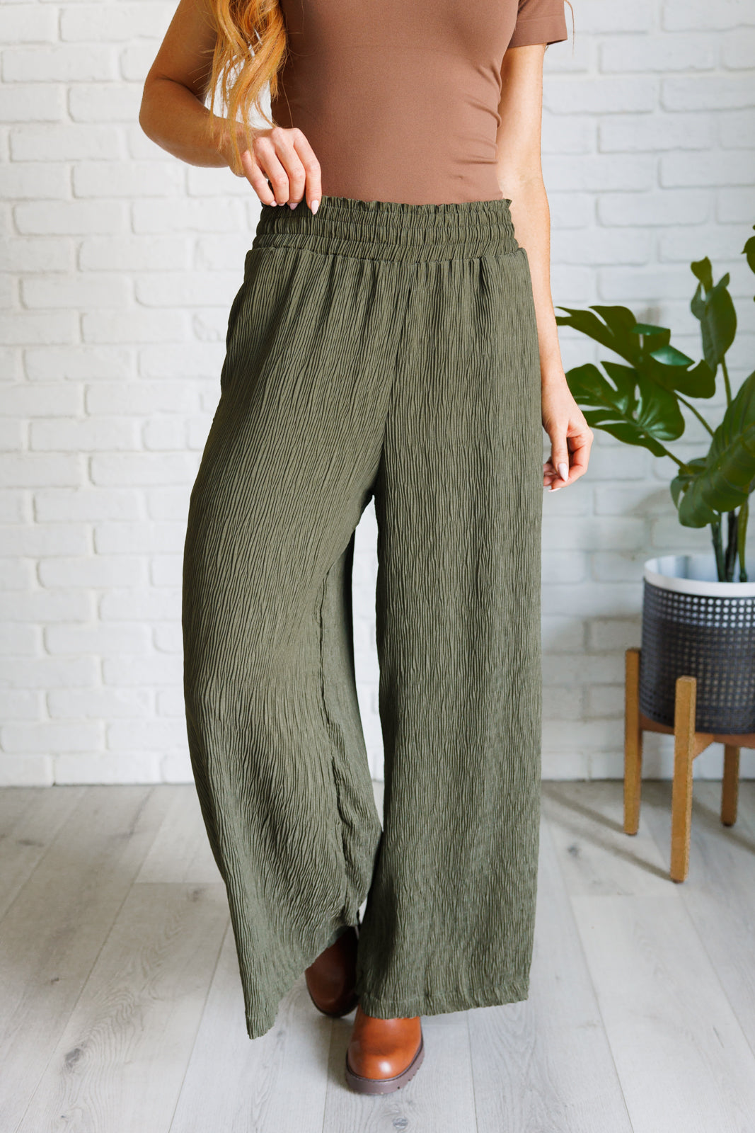 Harmony High Rise Wide Pants in Olive Bottoms   