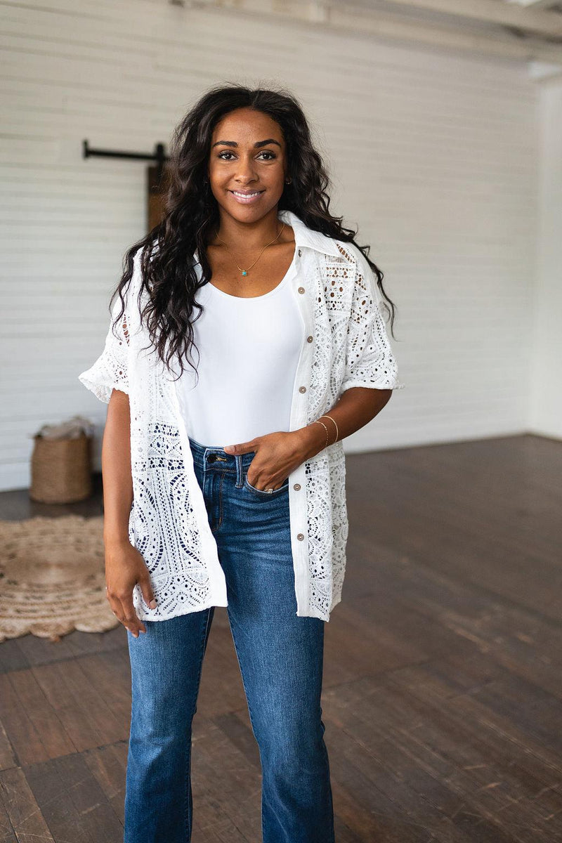 Head in the Clouds Lace Button Down - Three Mad Hatters Mercantile 