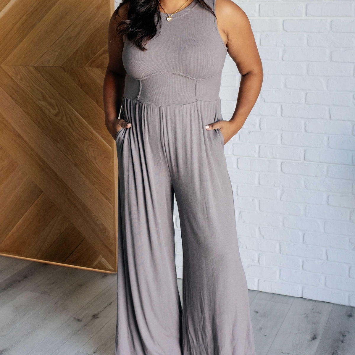 Hilary Wide Leg Jumpsuit in Grey - Three Mad Hatters Mercantile 