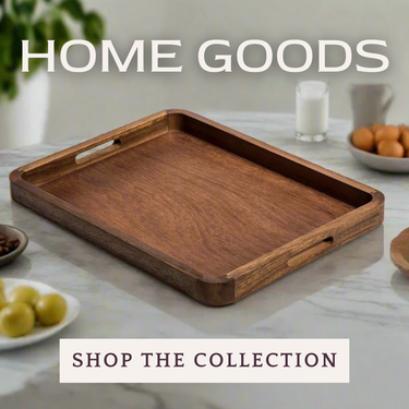 Wooden tray on a table with 'Home Goods' text and 'Shop the Collection' call to action | Three Mad Hatters Mercantile | Jackson, MS