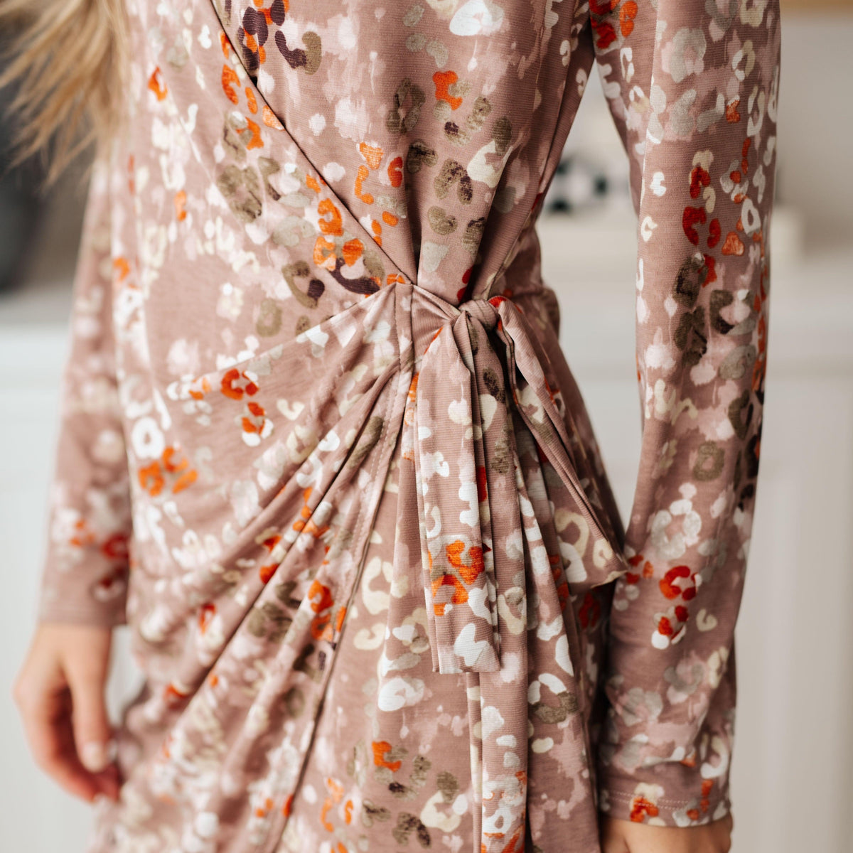 Honey Do I Ever Faux Wrap Dress in Taupe - Three Mad Hatters Mercantile 