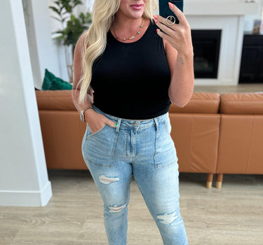 Aiden High Rise Patch Pocket Distressed Boyfriend Jeans