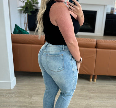 Aiden High Rise Patch Pocket Distressed Boyfriend Jeans