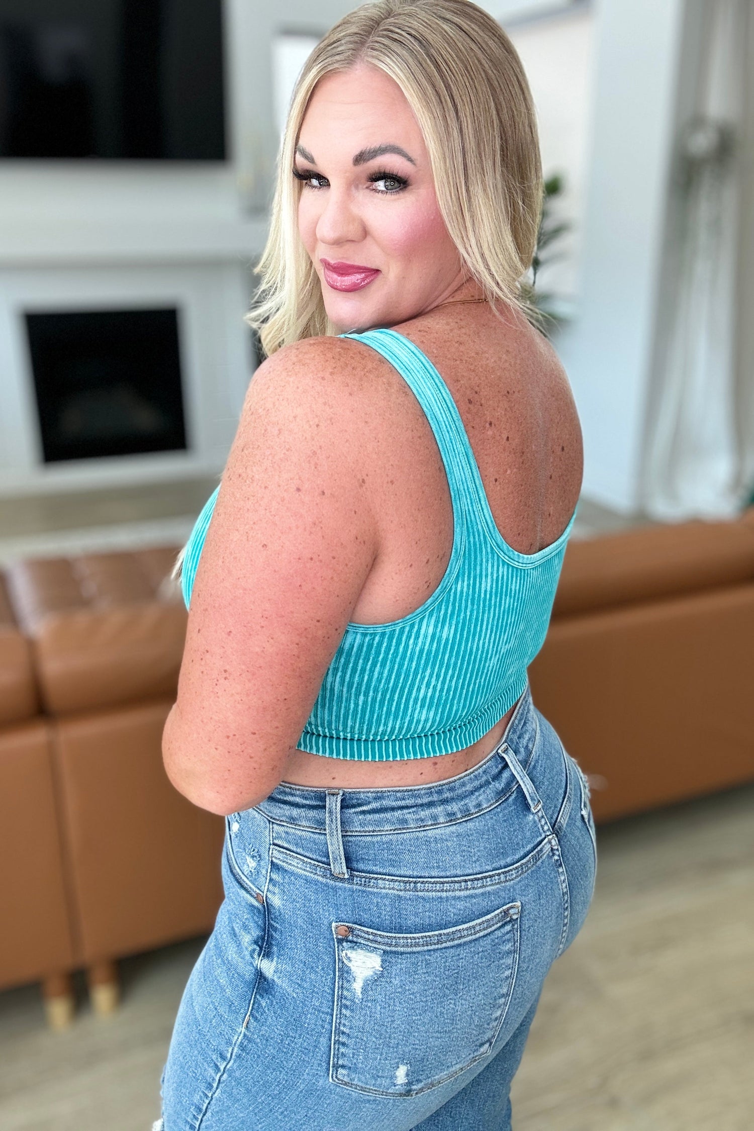 When and Where Reversible Ribbed Cropped Tank in Light Teal Athleisure   