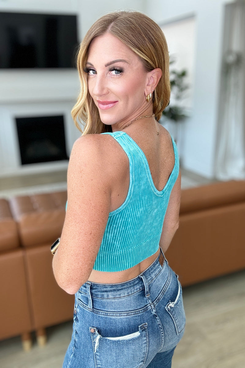 When and Where Reversible Ribbed Cropped Tank in Light Teal Athleisure   