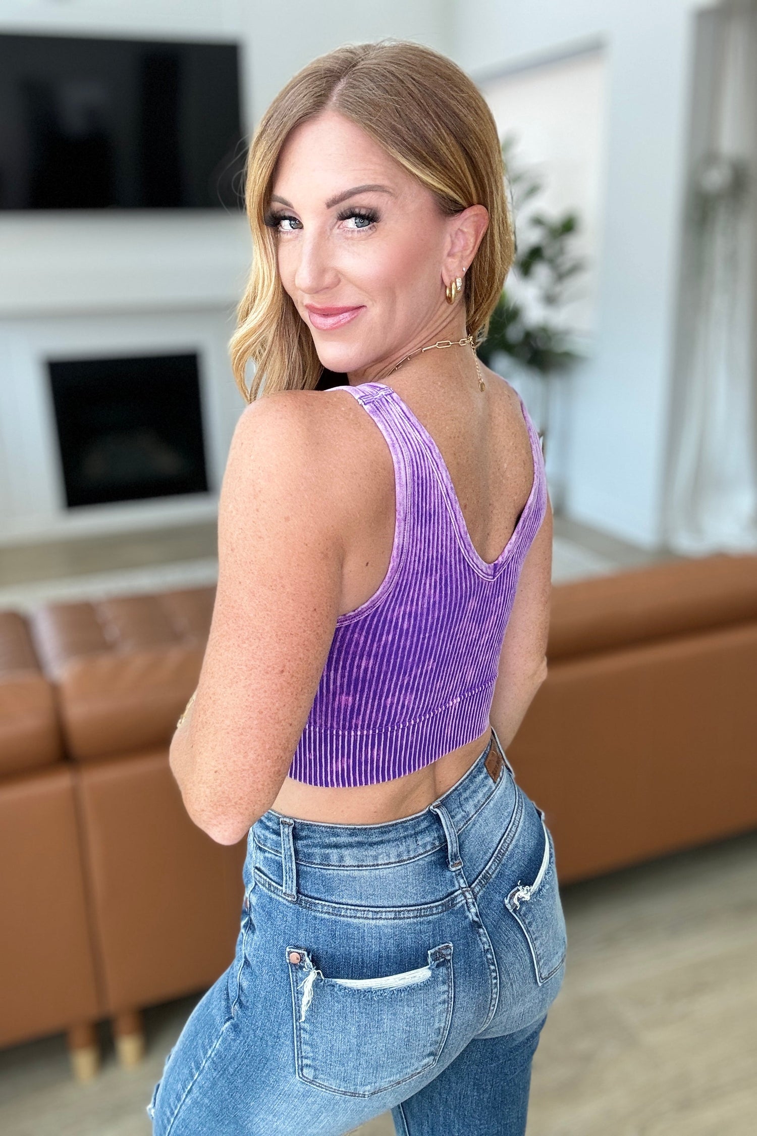 When and Where Reversible Ribbed Cropped Tank in Purple Athleisure   